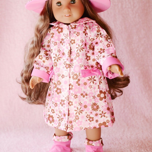 Raincoat, hat, and boots in pink floral for American Girl Doll