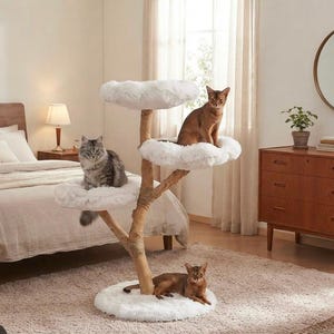May include: A cat tree featuring a natural wood trunk structure with three circular, white, plush-covered platforms and a matching white circular base. Three cats are positioned on the different levels of the tree, which stands upright.