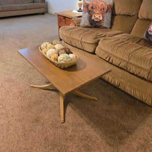 Vintage Wooden Coffee Table, Pedestal Base Coffee Table with Brass Accents, Mid Century Modern Living Room Furniture, Rustic Farmhouse Decor