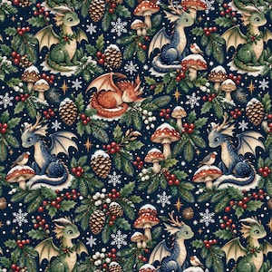 Puede incluir: Un patrón continuo sobre un fondo azul oscuro que presenta pequeños dragones en verde, azul y naranja, intercalados con ramas de pino, piñas, bayas rojas, setas blancas y copos de nieve blancos. El diseño repite estos elementos.