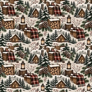 May include: A repeating pattern featuring winter scenes with wooden cabins, snow-covered pine trees, stacks of firewood, lit lanterns on tree stumps, and chairs draped with red and black plaid blankets, accented by pinecones and red berries.