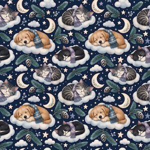May include: A repeating pattern on a dark blue background featuring sleeping kittens and puppies wearing blue scarves, resting on white clouds. The design includes yellow crescent moons, white stars, green pine branches, and brown pinecones.
