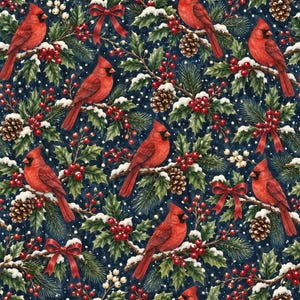 Peut inclure: Un motif répétitif représentant des cardinaux rouge vif perchés sur des branches de pin avec des feuilles de houx vertes, des baies rouges, des pommes de pin brunes et des petits nœuds rouges sur un fond bleu marine avec de la neige.