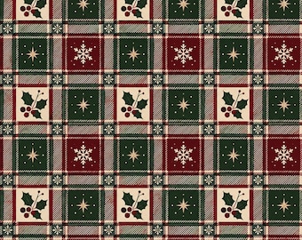 Puede incluir: Un patrón de tela escocesa festivo con una cuadrícula repetitiva de cuadrados de color verde oscuro y rojo intenso. El diseño incluye motivos alternos de hojas de acebo blancas con bayas rojas, copos de nieve blancos y estrellas.