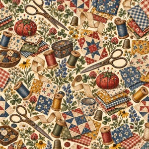 May include: A pattern featuring sewing supplies including metal scissors, red pincushions with pins, wooden spools of thread, metal thimbles, and bowls of buttons. The design incorporates fabric squares with floral and plaid prints, measuring tape, and wildflowers.
