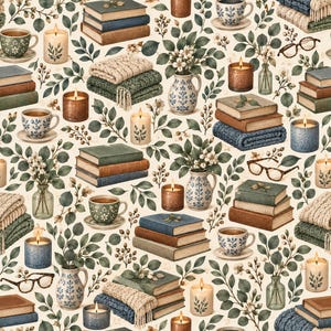 May include: A repeating pattern featuring stacks of hardback books, ceramic teacups with saucers, lit pillar candles in various colours, small vases filled with white flowers and green leaves, folded knit blankets, and reading glasses.
