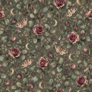 Moon Rose Moth Cotton Fabric, Floral Quilting, Vintage Nocturnal Design (100% Cotton)