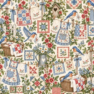 May include: A fabric pattern featuring bluebirds, hanging laundry, patchwork quilts, and floral arrangements. The design includes aprons, wicker baskets, and a birdhouse on a cream background with red, blue, and green accents.