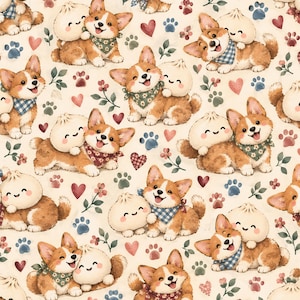 May include: A repeating pattern on a cream background featuring illustrations of brown and white Corgi dogs wearing patterned bandanas, each accompanied by a small smiling white dumpling, interspersed with red hearts, blue paw prints, and green floral sprigs.