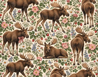 Tela de algodón con estampado floral de alces del bosque, estampado vintage para acolchado (100% algodón)