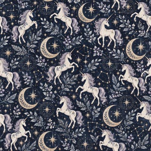 Moon Unicorn Cotton Fabric, Celestial Quilting, Midnight Blue Stars (100% Cotton)