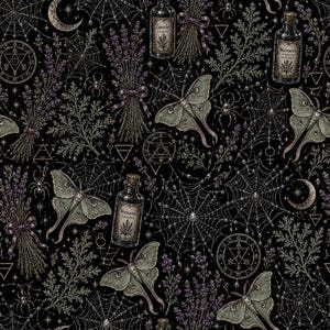 May include: A black fabric pattern featuring illustrations of green moths, spider webs, bundles of purple lavender, glass apothecary bottles labelled Wormwood and Lavender, crescent moons, and circular geometric symbols with fine white lines.