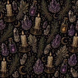 May include: A repeating pattern on a black background featuring illustrations of lit candles in holders, purple crystal clusters, tied bundles of herbs, small glass bottles containing glowing liquids, crescent moons, and various astrological symbols.