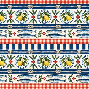 May include: A repeating fabric pattern featuring horizontal bands of red and white gingham, navy blue stripes, and rope motifs. The design includes circular illustrations of yellow lemons with green leaves and blue fish with silver scales.