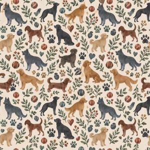May include: A repeating pattern on a light cream background featuring watercolor illustrations of various dog breeds in black, brown, and golden colors, interspersed with green leafy sprigs, red berries, brown hearts, tennis balls, and paw prints.