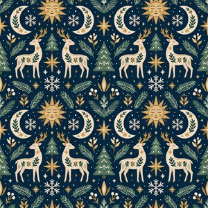 May include: A repeating pattern on a dark blue background featuring cream-colored deer with floral markings, golden suns with faces, cream crescent moons, green pine trees, white snowflakes, and golden stars interspersed with green pine needles.