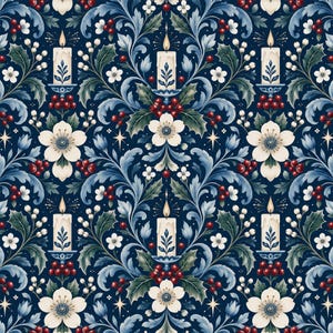 May include: A repeating pattern featuring cream-coloured candles in blue holders, surrounded by dark green holly leaves, bright red berries, and white flowers on a deep navy blue background. The design includes small four-pointed star accents.