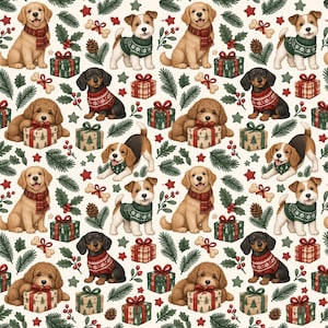 May include: A repeating pattern featuring golden retriever puppies with red scarves, dachshunds in red sweaters, and beagle puppies with green bandanas. The design includes gift boxes, pine branches, holly berries, and bones on a cream background.