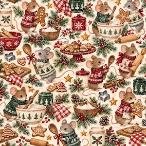 May include: A festive pattern featuring mice wearing sweaters, baking gingerbread cookies, and using wooden spoons, rolling pins, and mixing bowls, decorated with pine branches, red berries, pinecones, and stars on a cream background.