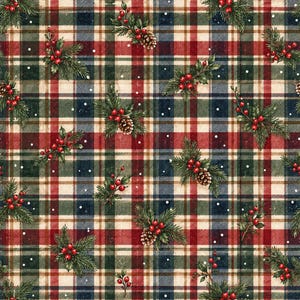 Peut inclure: Un motif de tissu présentant un design écossais classique dans des tons de rouge, vert foncé, bleu marine et crème. Le motif est orné d'illustrations répétitives de branches de pin, de pommes de pin brunes et de baies de houx rouges.
