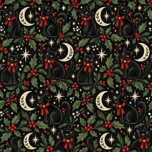 Puede incluir: Un patrón repetitivo sobre fondo negro con gatos negros que llevan lazos rojos con cascabeles dorados, rodeados de hojas de acebo verdes, bayas rojas, lunas crecientes de color crema y estrellas de cuatro puntas en un diseño festivo.