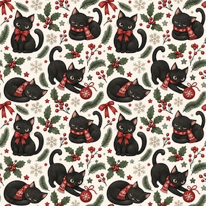 May include: A repeating pattern on a cream background featuring black cats wearing red scarves with white snowflake designs. The cats are depicted sitting, sleeping, or playing with red ornaments, surrounded by holly leaves, red berries, and bows.