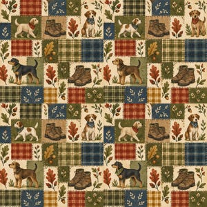 Tessuto di cotone con motivo cane autunnale, tessuto per quilting a tema bosco, patchwork rustico stampato in 100% cotone per cucito e lavori creativi.