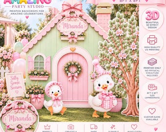 Silly Goose Birthday Backdrop 8x8 ft, Personalized Goose Cottage, 3D Effect Coroplast Backdrop, Printed Birthday Party Decor