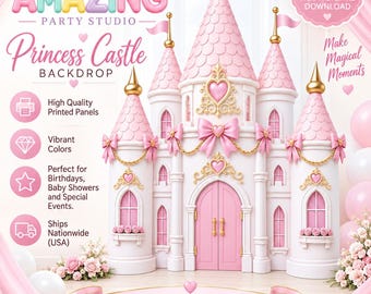 May include: A pink and white princess castle backdrop featuring multiple towers with gold spires, pink scalloped roofs, and gold heart accents. The text reads Amazing Party Studio, Princess Castle Backdrop, and Turn Any Space into a Fairytale.