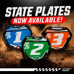 May include: Three custom BMX number plates in blue, green, and orange with black frames. Each plate features the text STATE PLATES NOW AVAILABLE, USA BMX, STATE CHAMP, 20 26, RIDER NAME, and large white numbers 1, 2, or 3 on the colored background.