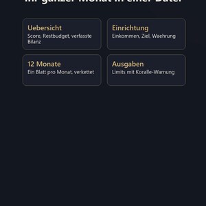 Może przedstawiać: Ciemny interfejs cyfrowy z tekstem WAS ENTHALTEN IST oraz Ihr ganzer Monat in einer Datei. Cztery pola zawierają Uebersicht, Einrichtung, 12 Monate oraz Ausgaben wraz ze szczeg&oacute;łami. Dolny tekst brzmi SereinSheet . Tabellen, die sich wie eine App anfuehlen.