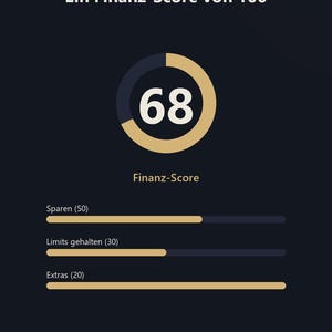 Może przedstawiać: Grafika na ciemnym tle przedstawiająca wynik finansowy 68 na 100. Tekst zawiera EINE ZAHL, Ein Finanz-Score von 100, Finanz-Score, Sparen (50), Limits gehalten (30), Extras (20) oraz SereinSheet. Tabellen, die sich wie eine App anfuehlen.