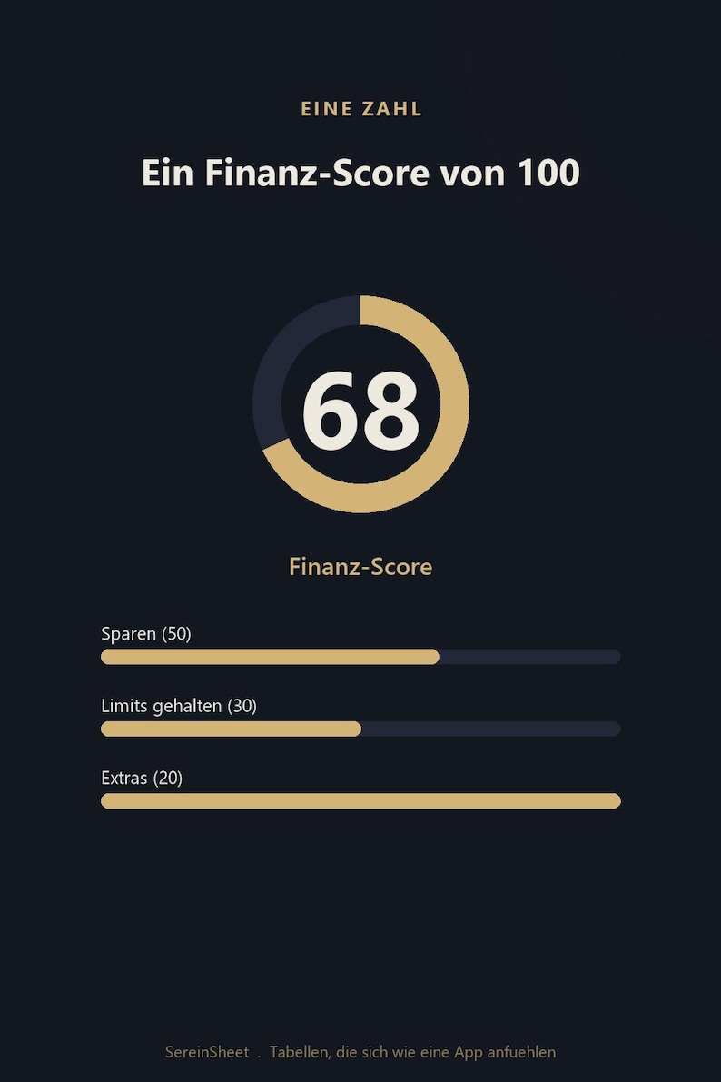 Może przedstawiać: Grafika na ciemnym tle przedstawiająca wynik finansowy 68 na 100. Tekst zawiera EINE ZAHL, Ein Finanz-Score von 100, Finanz-Score, Sparen (50), Limits gehalten (30), Extras (20) oraz SereinSheet. Tabellen, die sich wie eine App anfuehlen.