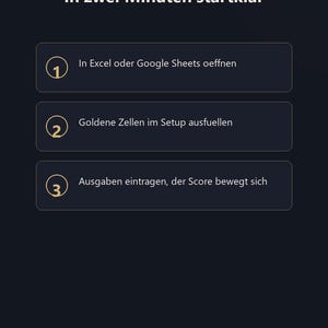Może przedstawiać: Infografika na ciemnym tle z białym tekstem zatytułowana ZWEI MINUTEN oraz In zwei Minuten startklar. Zawiera trzy kroki: 1. In Excel oder Google Sheets oeffnen, 2. Goldene Zellen im Setup ausfuellen, 3. Ausgaben eintragen, der Score bewegt sich. Stopka: SereinSheet . Tabellen, die sich wie eine App anfuehlen.