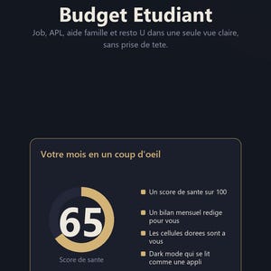 May include: A digital budget spreadsheet interface titled Sereinsheet Budget Etudiant. The dark-themed layout features a circular progress chart displaying a score of 65, labeled Score de sante, alongside a list of features including a health score.