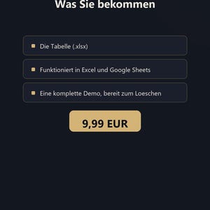 Może przedstawiać: Ciemna karta informacyjna produktu cyfrowego zatytułowana SEREINSHEET z tekstem Was Sie bekommen. Zawiera trzy funkcje: Die Tabelle (.xlsx), Funktioniert in Excel und Google Sheets oraz Eine komplette Demo, bereit zum Loeschen, z przyciskiem 9,99 EUR.
