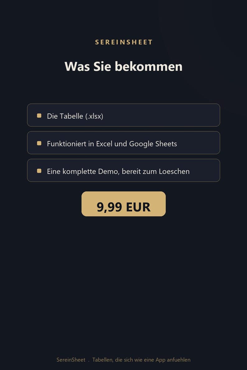 Może przedstawiać: Ciemna karta informacyjna produktu cyfrowego zatytułowana SEREINSHEET z tekstem Was Sie bekommen. Zawiera trzy funkcje: Die Tabelle (.xlsx), Funktioniert in Excel und Google Sheets oraz Eine komplette Demo, bereit zum Loeschen, z przyciskiem 9,99 EUR.