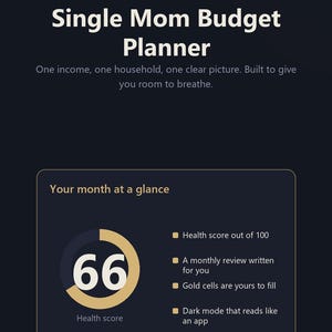 May include: A digital budget planner titled Sereinsheet Single Mom Budget Planner with a dark background. It features a section titled Your month at a glance with a circular progress chart showing a health score of 66 and a list of features.