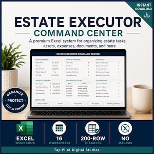 May include: A laptop screen displaying the Estate Executor Command Center Excel system. The dashboard features sections for estate overview, work in progress, open items, financial overview, upcoming key dates, and quick links for tracking tasks.