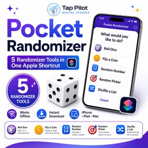 May include: A digital product advertisement for Pocket Randomizer, an Apple Shortcut featuring five tools: Roll Dice, Flip a Coin, Random Number, Random Picker, and Shuffle a List. The graphic displays a white six-sided die and a smartphone interface.