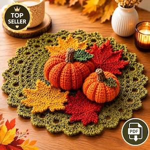 Autumn Crochet Table Runner Pattern PDF, Fall Maple Leaves Acorn Berry Table Centerpiece, Thanksgiving Crochet Decor