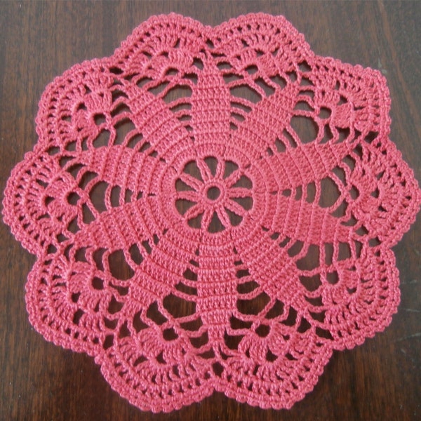 Coral Red Mandala Crochet Doily, Coral Round Doily Runner, Small Vintage Lace Table Topper, Rustic Home Decor, 8 inches