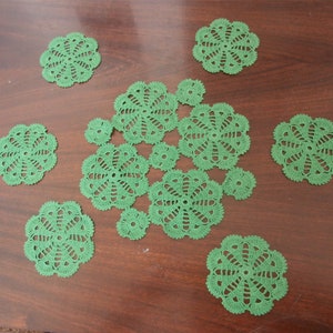 Set of Crochet Coffee Cup Coasters, Vintage Lace Doilies, Green Rustic Farmhouse Coaster Set
