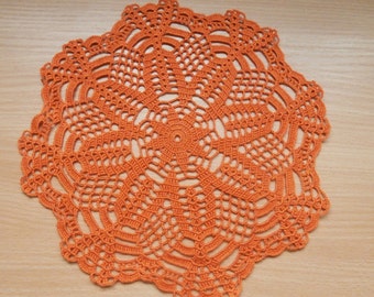 Grand Tapis Napperon Vintage – Laine Tricotée Main – Orange – Fait Main