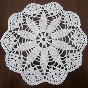 May include: White crocheted doily with a delicate floral design. The doily is circular and has a scalloped edge.