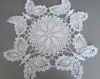 Butterflies White Square Crochet Doily,  Vintage Lace Doily, Cotton Placemat