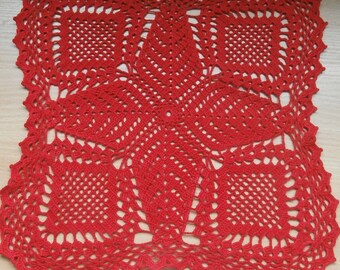 Square Red Crochet Doily, Christmas Lace Vintage Decor, Cotton Rustic Centerpiece