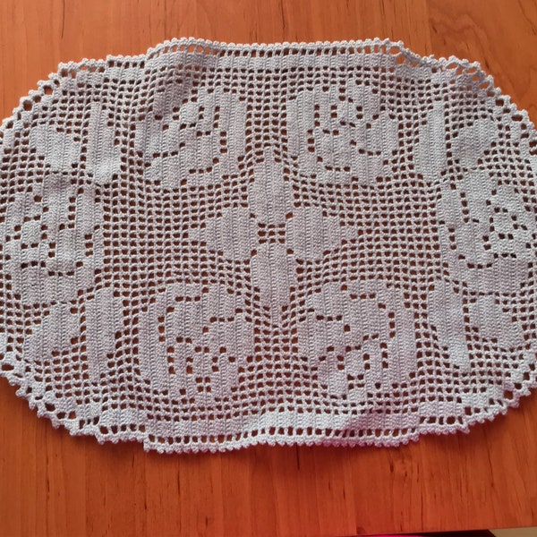 Light Blue Oval Crochet Placemat, Vintage Rustic Table Decoration, Cotton HandmadeTable Centerpiece