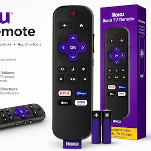 May include: A black Roku TV remote with a purple directional pad, featuring dedicated buttons for Netflix, Disney+, Apple TV+, and The Roku Channel. The set includes two purple batteries and a purple retail box with white text and branding.