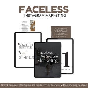 Può includere: Una guida di marketing digitale intitolata Faceless Instagram Marketing visualizzata su tre schermi di tablet. Gli schermi mostrano testo tra cui Now is the best time to get started, Faceless Instagram Marketing with MRR e una pagina di indice.